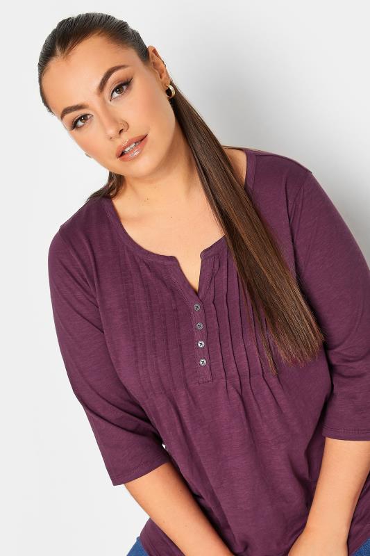 Plus Size YOURS Purple Pintuck Button Henley T-Shirt | Yours Clothing 4