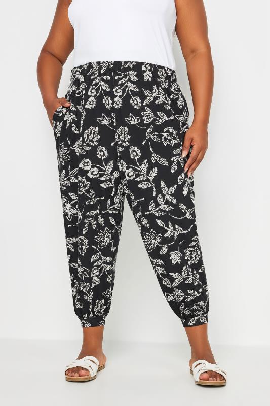 YOURS Plus Size Black Vine Print Cropped Harem Trousers | Yours Clothing 1