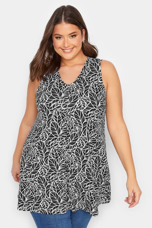 YOURS Plus Size Black Leaf Print Swing Vest Top | Yours Clothing  1