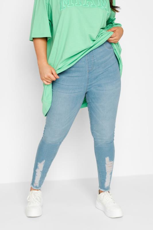 YOURS Plus Size Light Blue Distressed Hem GRACE Jeggings | Yours Clothing 1