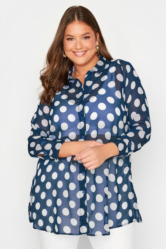Plus Size Navy Blue Polka Dot Print Button Through Shirt | Yours Clothing