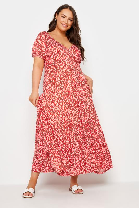 YOURS Plus Size Red Ditsy Floral Print Wrap Dress | Yours Clothing 1