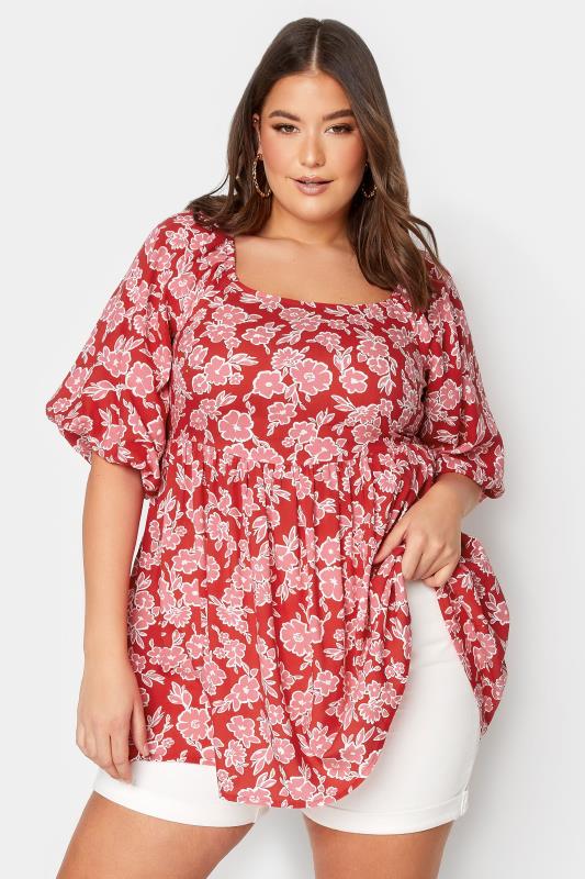 YOURS Curve Plus Size Red Floral Peplum Top | Yours Clothing  2