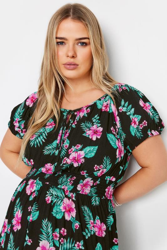 YOURS Plus Size Black Floral Tropical Print Bardot Maxi Dress | Yours Clothing 4