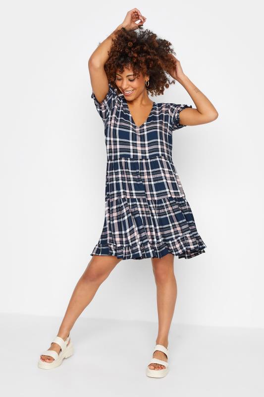 Petite Navy Blue Check Tiered Frill Tunic Dress 3