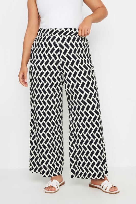 YOURS Plus Size Black Geometric Print Textured Wide Leg Trousers | Yours Clothing 1