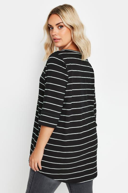 YOURS Plus Size Black & White Stripe Notch Neck T-Shirt | Yours Clothing 4