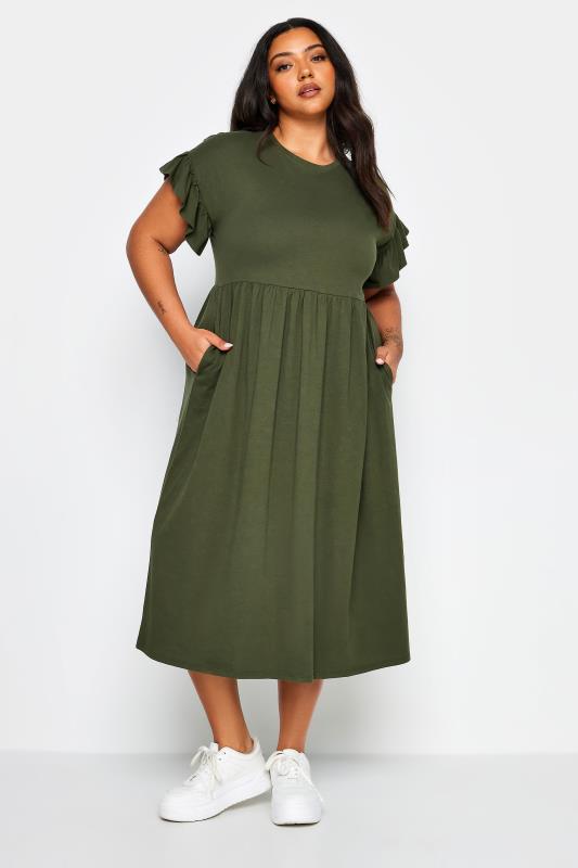Plus Size  YOURS Curve Khaki Green Pure Cotton Midaxi Dress
