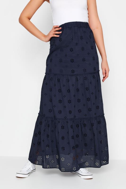 LTS Tall Navy Blue Broderie Anglaise Tiered Maxi Skirt