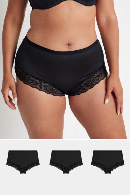 YOURS Plus Size 3 PACK Black Lace Trim Briefs | Yours Clothing  1