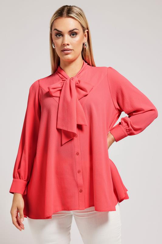 YOURS LONDON Plus Size Pink Tie Neck Blouse | Yours Clothing 1