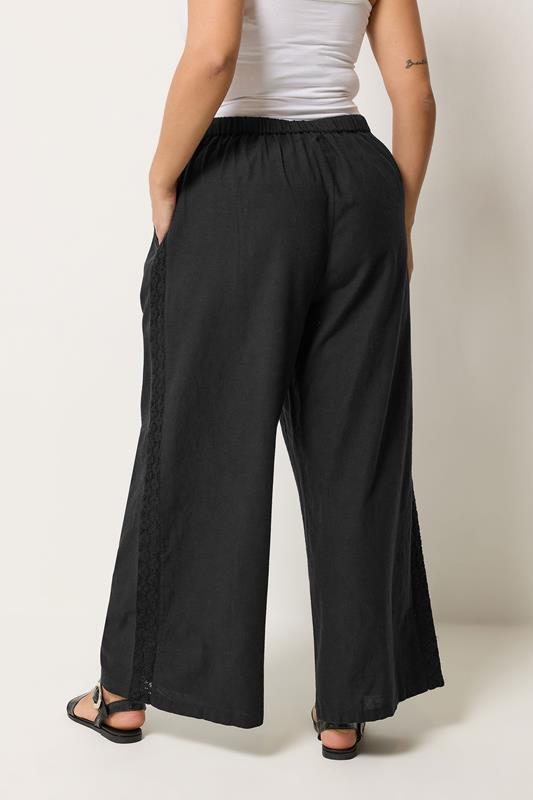 YOURS Plus Size Black Crochet Detail Linen Trousers | Yours Clothing 2