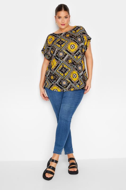 YOURS Plus Size Black Paisley Print Tab Sleeve Blouse | Yours Clothing 2