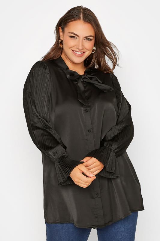 YOURS LONDON Curve Black Satin Pleated Bow Blouse_A.jpg