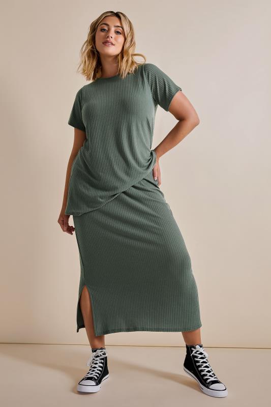 Plus Size  YOURS Curve Sage Green Ribbed Midi Skirt