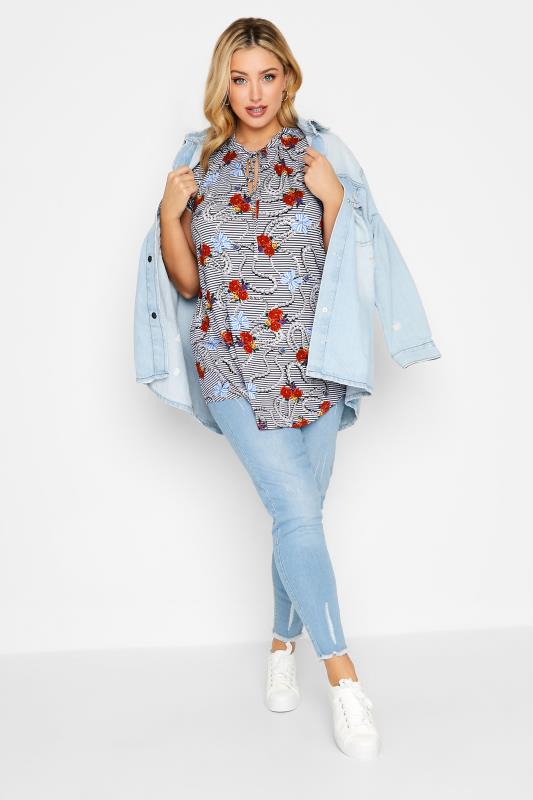 YOURS Plus Size Blue Floral Stripe Print Frill Sleeve Blouse | Yours Clothing 2