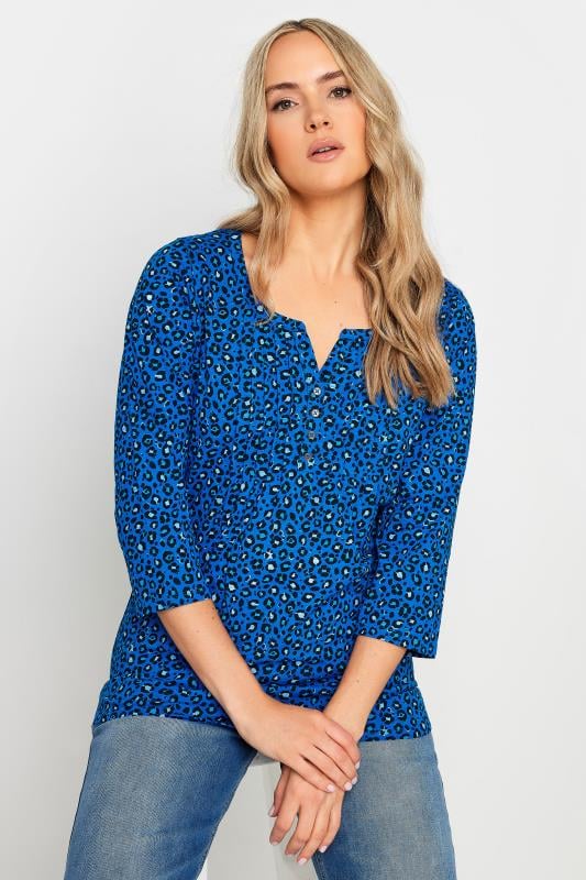  LTS Tall Blue Leopard Print Pintuck Button Henley Top