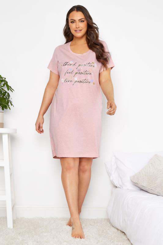 YOURS Plus Size Pink 'Positivity' Dipped Hem Nightdress | Yours Clothing 1