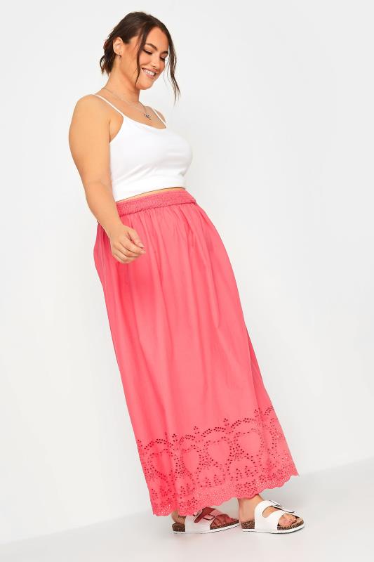 LIMITED COLLECTION Plus Size Coral Pink Broderie Anglaise Trim Maxi Skirt | Yours Clothing 3