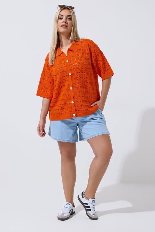 LIMITED COLLECTION Plus Size Orange Crochet Shirt | Yours Clothing 1