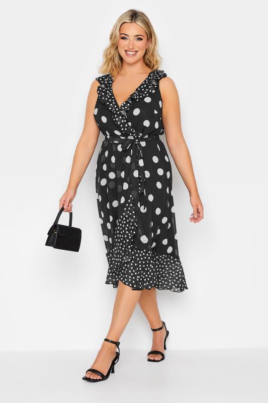 YOURS LONDON Curve Plus Size Black Polka Dot Print Double Ruffle Wrap Dress | Yours Clothing  1