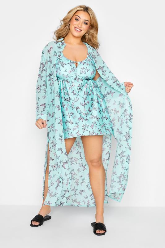 Plus Size Blue Butterfly Print Longline Beach Shirt | Yours Clothing 2