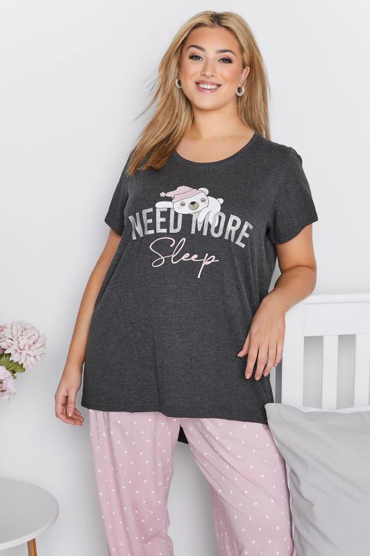 Plus Size Grey 'Need More Sleep' Slogan Pyjama Set 3
