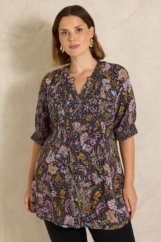  EVANS Blouse noire motif cachemire à plis nervurés