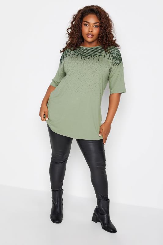 YOURS Plus Size Sage Green Sequin Embellished T-Shirt | Yours Clothing 2