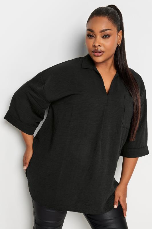 YOURS Plus Size Black V-Neck Collared Blouse | Yours Clothing 1