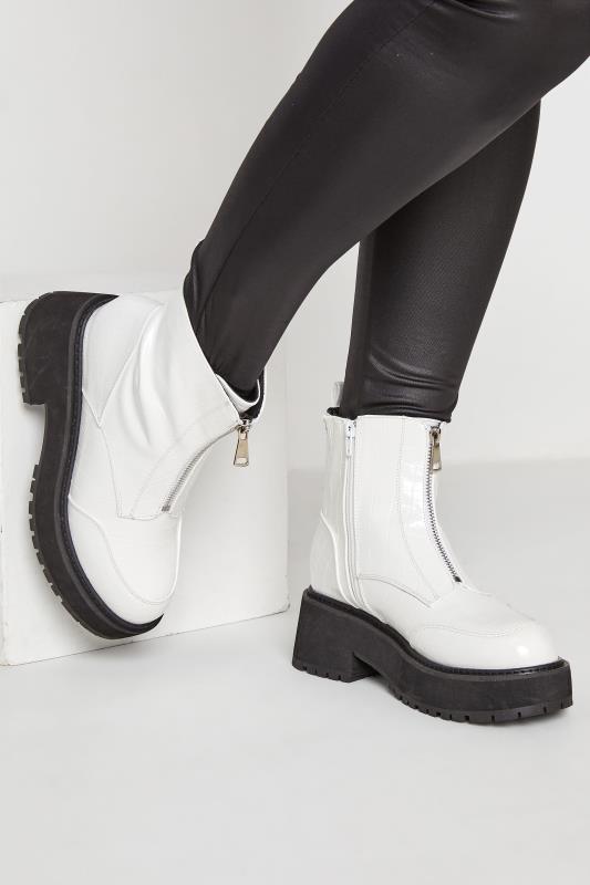 Plus Size  LIMITED COLLECTION White Croc Leather Look Zip Chunky Boots In Wide E Fit