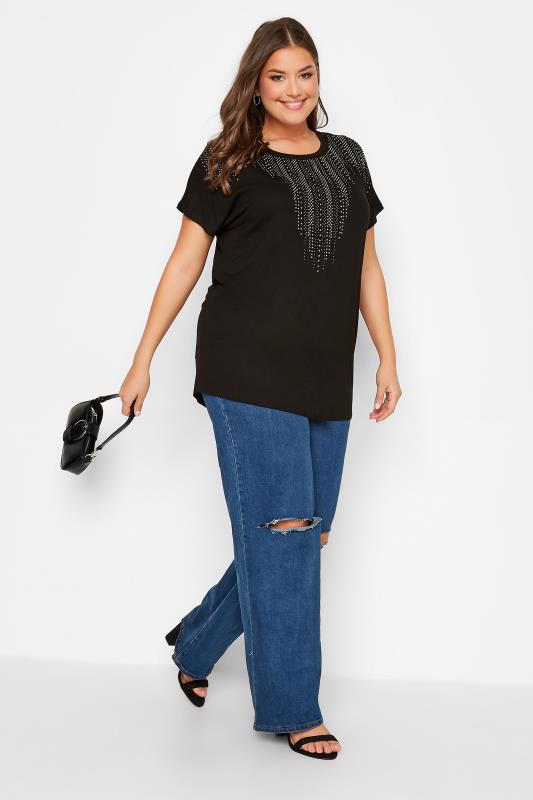 Plus Size Black & Silver Studded Neckline Top | Yours Clothing 2
