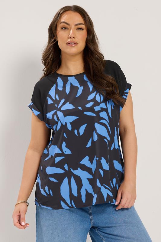  YOURS Curve Blue Abstract Contrast Sleeve Top