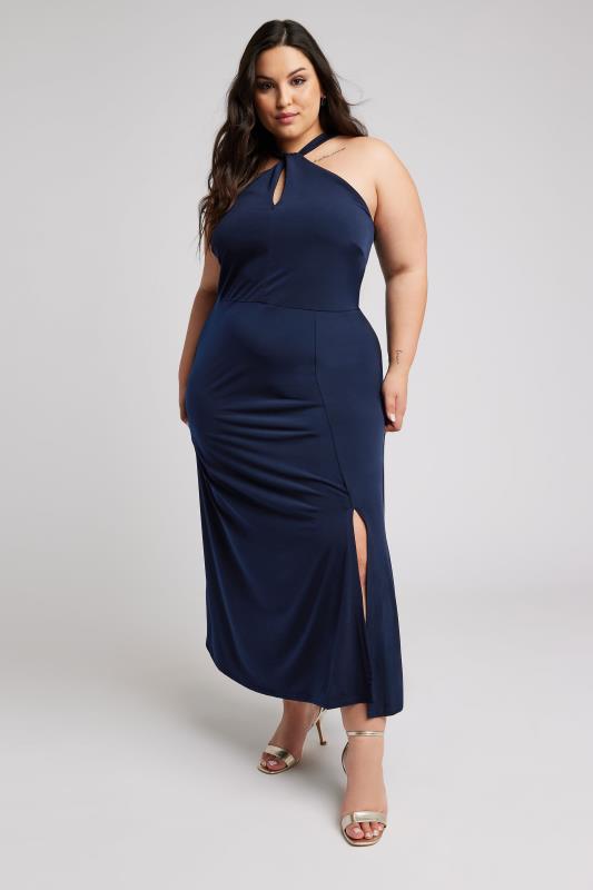 YOURS LONDON Plus Size Navy Blue Twist Halter Neck Maxi Dress | Yours Clothing 1