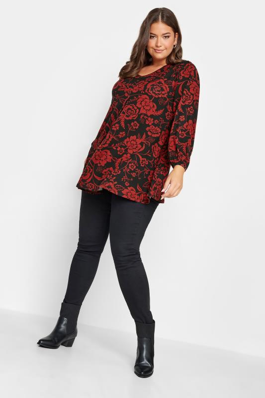 YOURS Plus Size Red Floral Print Pleat Front Swing Top | Yours Clothing