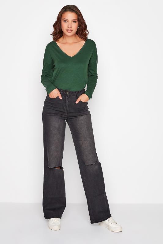 LTS Tall Women's Forest Green V-Neck Long Sleeve Cotton T-Shirt | Long Tall Sally 2