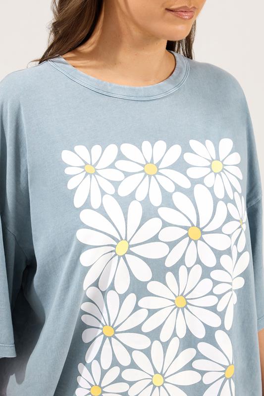 YOURS Plus Size Light Blue Acid Wash Boxy Daisy Print T-Shirt | Yours Clothing 5