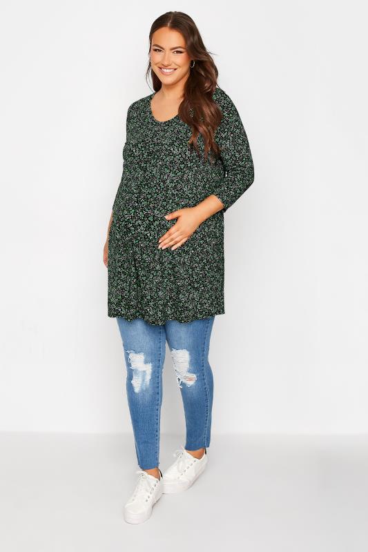 BUMP IT UP MATERNITY Plus Size Black & Green Ditsy Pleat Front Top | Yours Clothing 2