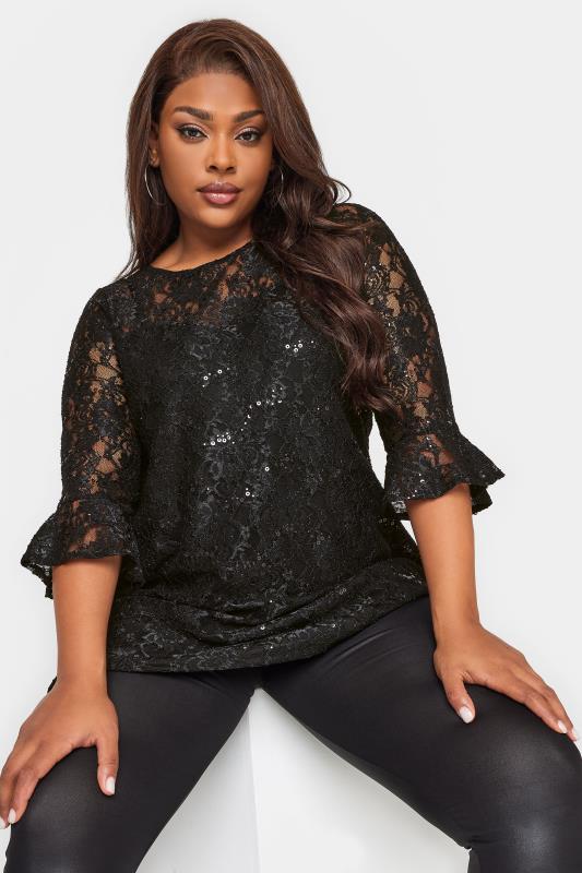 Plus Size  YOURS Curve Black Lace Sequin Embellished Swing Top