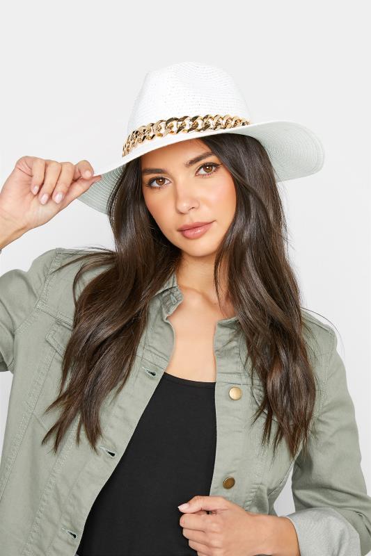 Plus Size White Straw Chain Fedora Hat | Yours Clothing 2