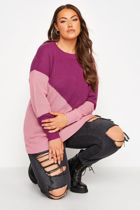 Plus Size Pink Two Tone Stripe Knitted Jumper | Yours Clothing 1