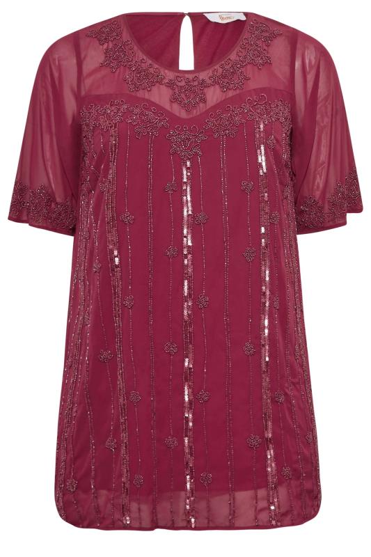 LUXE Plus Size Burgundy Red Sequin Hand Embellished Chiffon Blouse | Yours Clothing 6