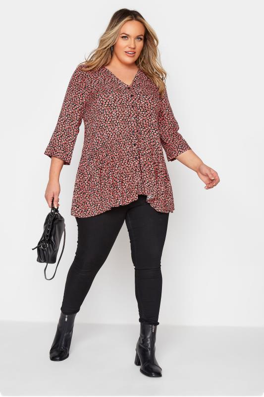 Curve Red Ditsy Print Button Through Peplum Blouse 2