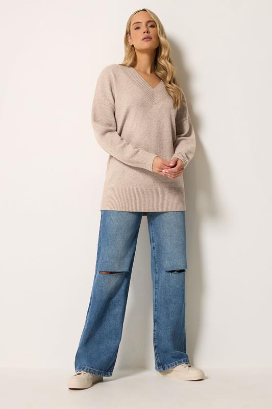 LTS Tall Women's Natural Brown V-Neck Knitted Jumper | Long Tall Sally 1