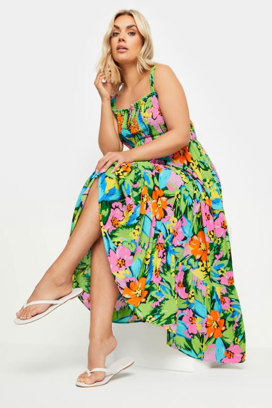 YOURS Plus Size Green Tropical Print Tiered Maxi Dress | Yours Clothing 2