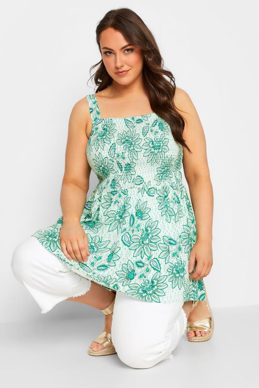Plus Size  YOURS Curve Green Tropical Print Crinkle Vest Top