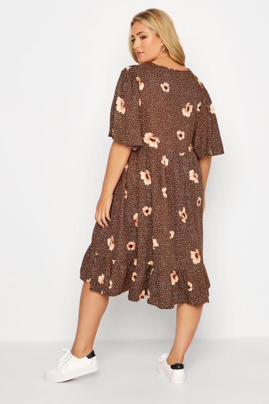 Plus Size Brown Floral Flare Sleeve Midi Dress | Yours Clothing 3