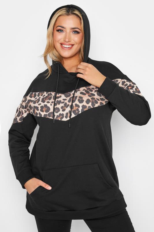 Plus Size Black Leopard Print Panel Hoodie | Yours Clothing  1