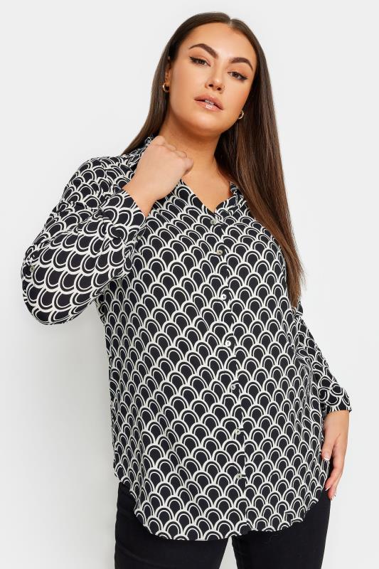 YOURS Plus Size Black Geometric Print Button Through Shirt | Yours Clothing 2
