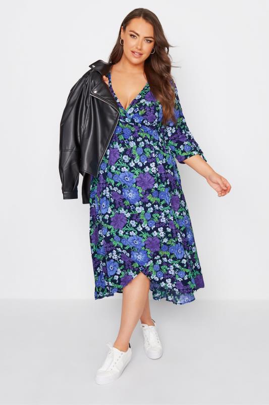 LIMITED COLLECTION Curve Blue Floral Ruched Sleeve Wrap Dress 1